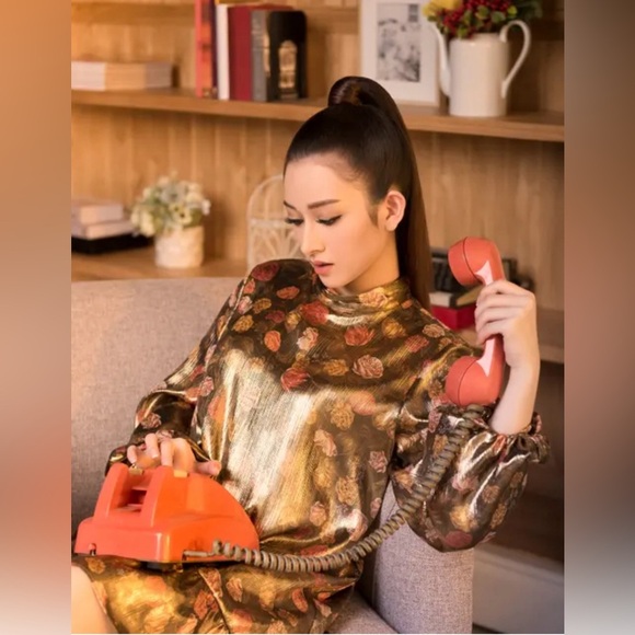 ZARA metallic floral long sleeve shift dress mock neck ruffle retro rose small - Picture 4 of 16